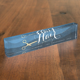 Placa De Nombre Hair Salon Hairstylist modernas tijeras azules y d
