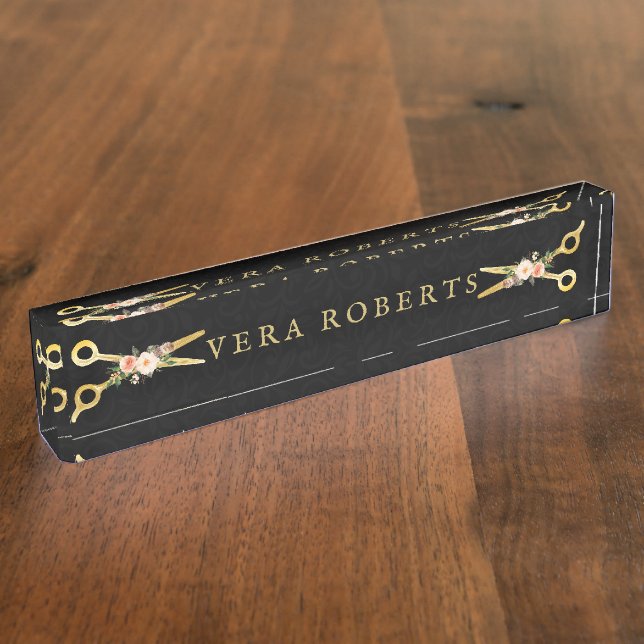 Placa De Nombre Hair Stylist Luxury Gold Black Damask (Lateral)