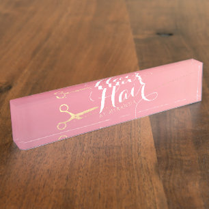 Placa De Nombre Hairstylist Makeup Salon Moderno Tijeras de oro ro