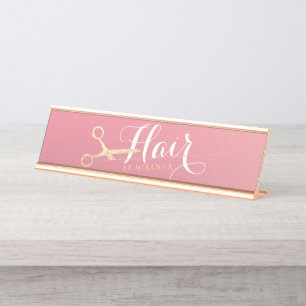 Placa De Nombre Hairstylist Makeup Salon Moderno Tijeras de oro ro
