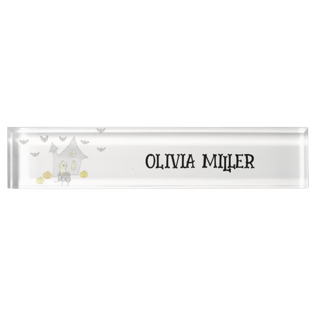 Placa De Nombre Halloween House, gatos negros, murciélagos, calaba (Anverso)