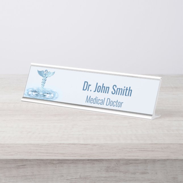 Placa De Nombre Hermes Rod Caduceus Agua Ripples Blue Medical (Anverso)