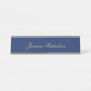 Placa De Nombre Hermosa Caligrafía Chic Nombre Azul y Dorado