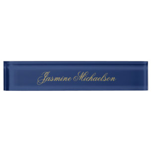 Placa De Nombre Hermosa Caligrafía Chic Nombre Azul y Dorado