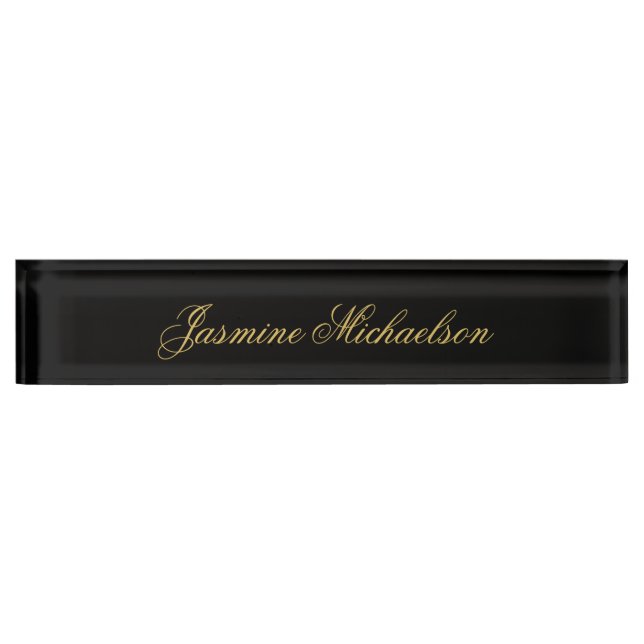 Placa De Nombre Hermosa Caligrafía Chic Nombre Negro y Dorado (Anverso)