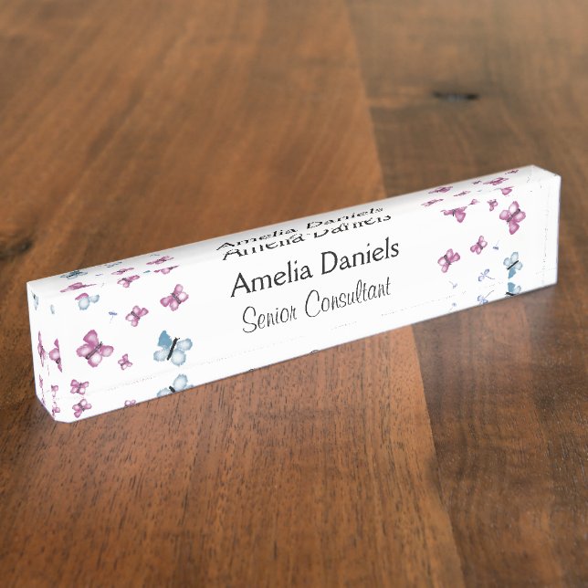 Placa De Nombre Hermoso monograma de mariposa rosa y azul (Lateral)