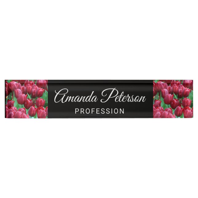 Placa De Nombre Hermoso tulipán rojo y profesional floral negro (Anverso)