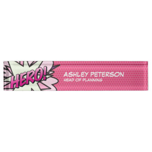 Placa De Nombre HERO Divertido Libro de Cómics Retro Rosa
