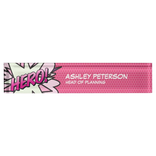 Placa De Nombre HERO Divertido Libro de Cómics Retro Rosa (Anverso)