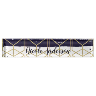 Placa De Nombre Hexágono Moderno Azul Marino Dorado Glam