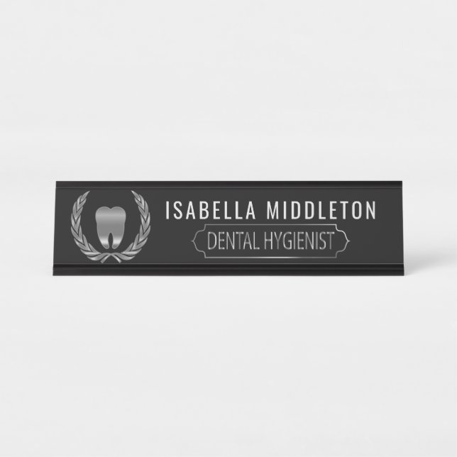 Placa De Nombre Higienista dental - en negro y plata (Anverso)