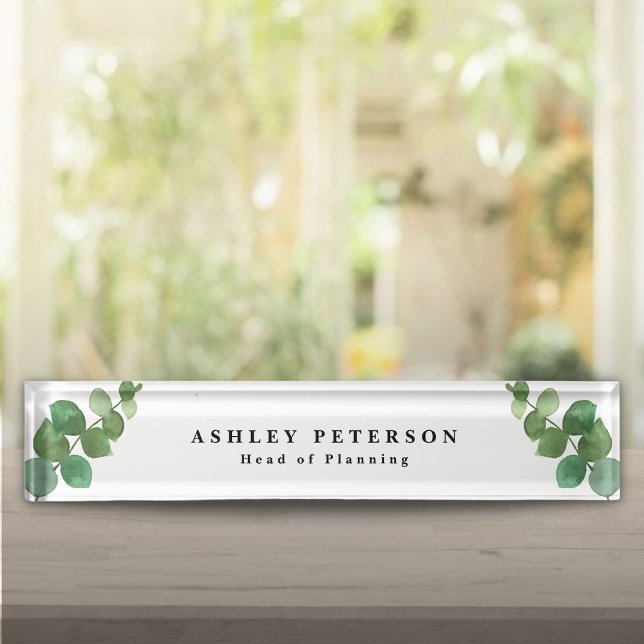 Placa De Nombre Hojas de eucalipto elegantes y chic (Chic Elegant Eucalyptus Leaves Desk Name Plate)