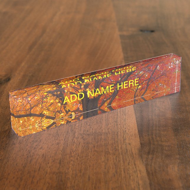 Placa De Nombre Hojas otoñales de foto amarilla y Naranja (Lateral)