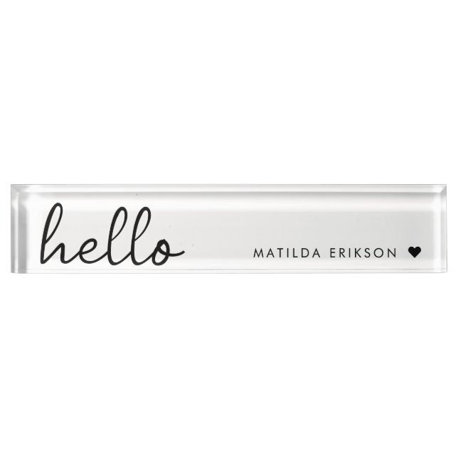 Placa De Nombre Hola mínima | Moderno Corazón Limpio Blanco Simple (Anverso)