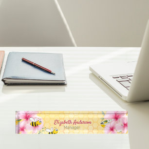Placa De Nombre Honecomb happy bumble abejas florales rosas
