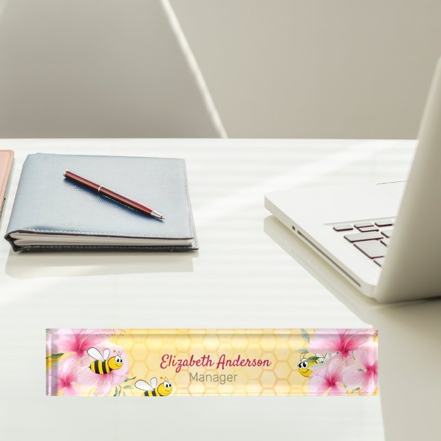 Placa De Nombre Honecomb happy bumble abejas florales rosas (Subido por el creador)