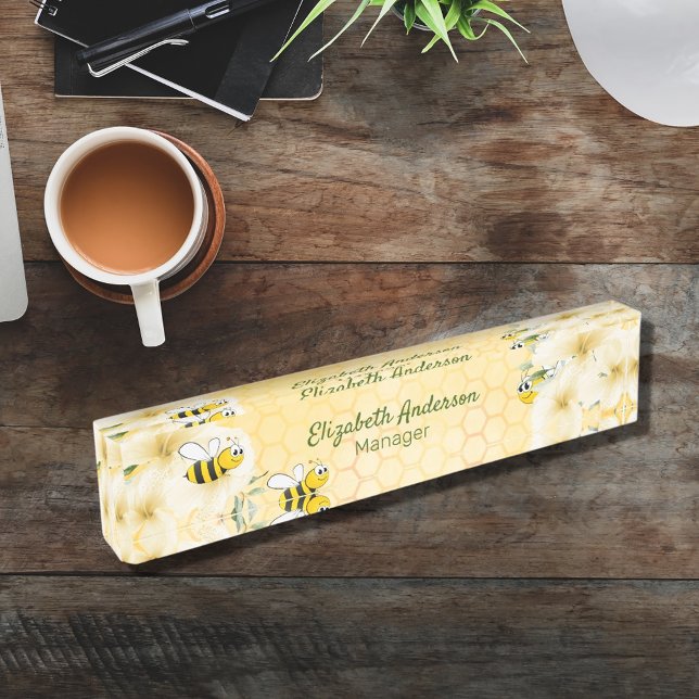 Placa De Nombre Honecomb happy bumble abejas flores tropicales (Subido por el creador)