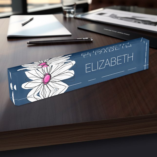 Placa De Nombre Ilustracion Daisy Floral de moda - marina y rosa (Personalized Name Plate for the Office, School or Home)