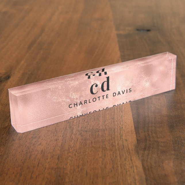 Placa De Nombre iniciales de monograma oro Rosa moderno (Lateral)