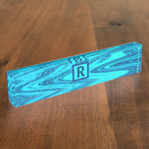 Placa De Nombre Iniciales monogramadas de la onda azul Verde azula