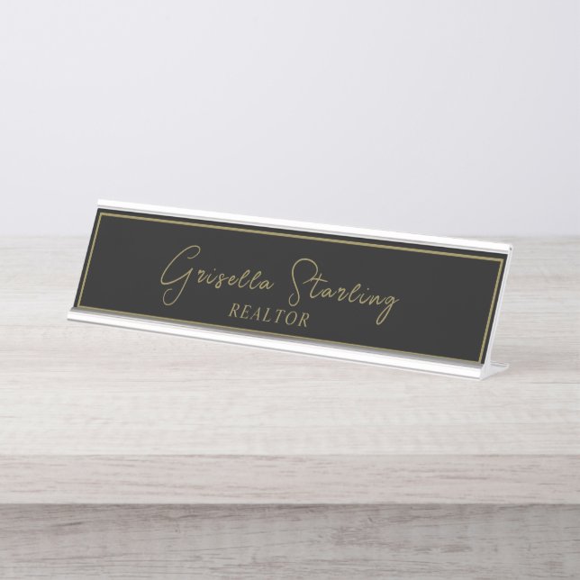 Placa De Nombre Inmobiliaria Golden Black Script Metálico (Anverso)