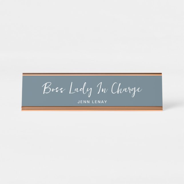 Placa De Nombre Jefe Lady Dusty Blue Gold Office Personalizado (Anverso)