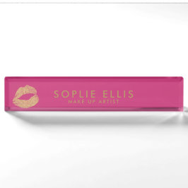 Placa De Nombre Labios Brillantes Dorados Rosa Personaliza Nombre