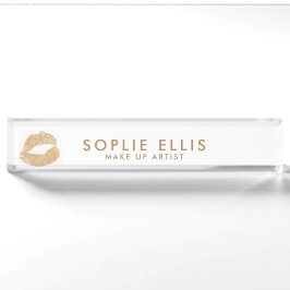Placa De Nombre Labios Brillo Dorado Maquillaje Nombre Personaliza