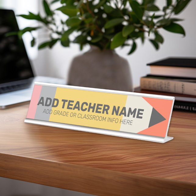 Placa De Nombre Lápiz moderno con información de profesores y aula (Teacher Desk Name Plate - Great Teacher Appreciation Gift or Classroom Decor)
