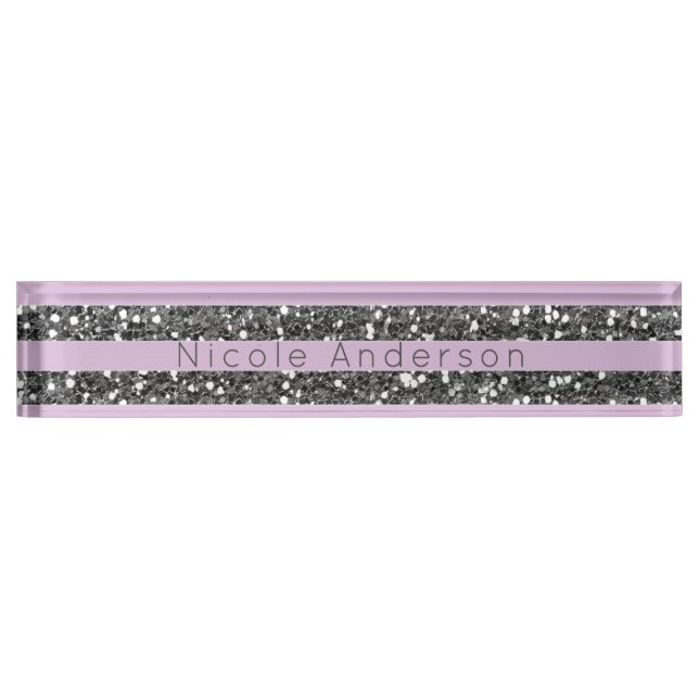 Placa De Nombre Lavender Lilac Rayas Purpurinas de plata púrpura (Anverso)