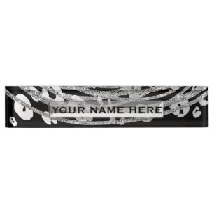 Placa De Nombre Leopardo Plateado Guepardo Moderno Glam Personaliz