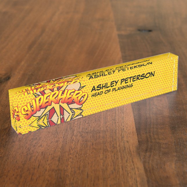 Placa De Nombre Libro de Cómic Retro Divertido de SUPERHÉROE (Lateral)