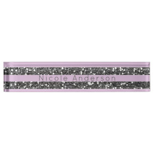 Placa De Nombre Lila Lavanda Purpura Plata Rayas Brillantes