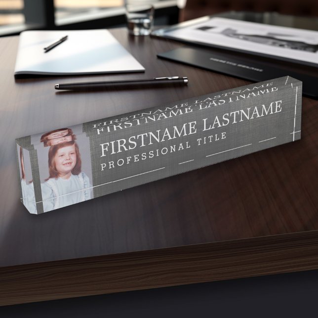 Placa De Nombre Lino gris - Nombre, título profesional y foto (Personalized Name Plate - Custom Photo Executive Desk Plate with Name and Professional Title)