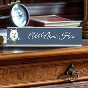 Placa De Nombre Lobo Ártico Blanco Místico Flor de Invierno Azul