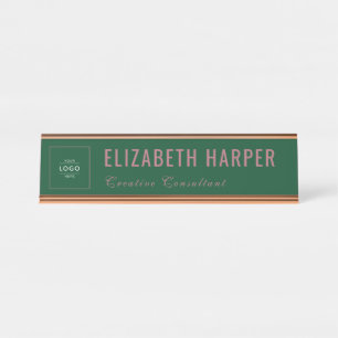 Placa De Nombre Logo de Negocios de Lujo Verde Bosque y Rosa Dorad