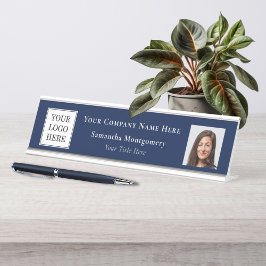 Placa De Nombre Logotipo de Negocio Azul Personalizado Foto Nombre