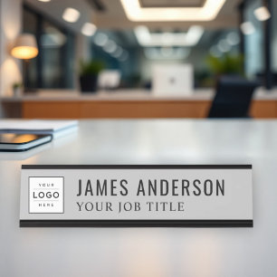 Placa De Nombre Logotipo Empresarial Personalizado Gris Moderno