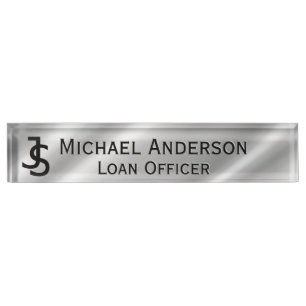 Placa De Nombre Logotipo Monograma Falso Plateado Moderno Elegante