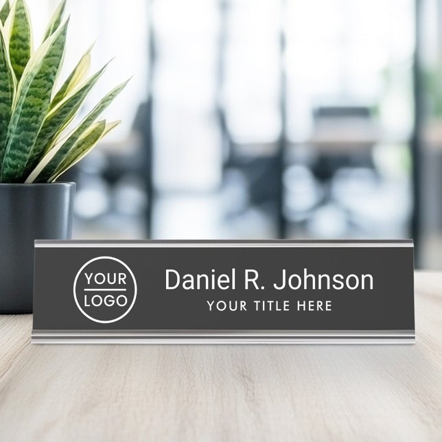 Placa De Nombre logotipo personalizado negro simple (Custom logo simple black desk name plate)