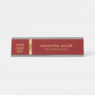 Placa De Nombre Logotipo personalizado Oro y fondo rojo oscuro
