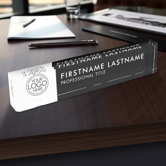 Placa De Nombre Logotipo profesional, blanco negro moderno, nombre (Personalized Name Plate With Your Logo Here)