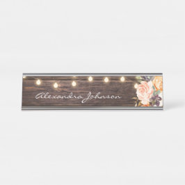 Placa De Nombre Luces rústicas de madera floral rosa y rosa de Rub