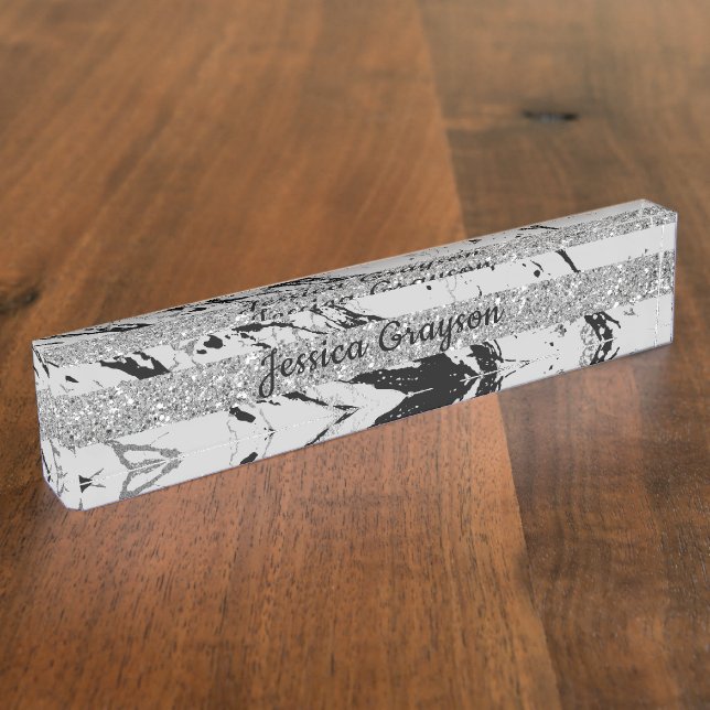 Placa De Nombre Lujo elegante del purpurina de plata gris de (Lateral)