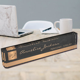 Placa De Nombre Lujo elegante oro de cuero negro monogramado