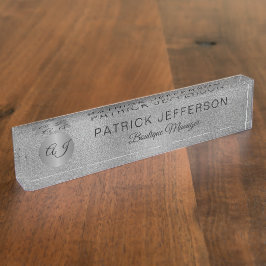 Placa De Nombre Lujoso purpurina plateado elegante negro monograma