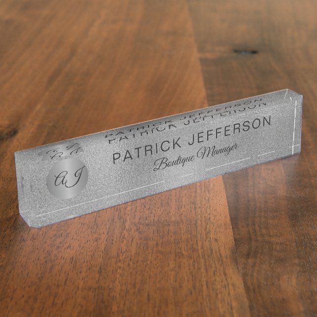 Placa De Nombre Lujoso purpurina plateado elegante negro monograma (Lateral)