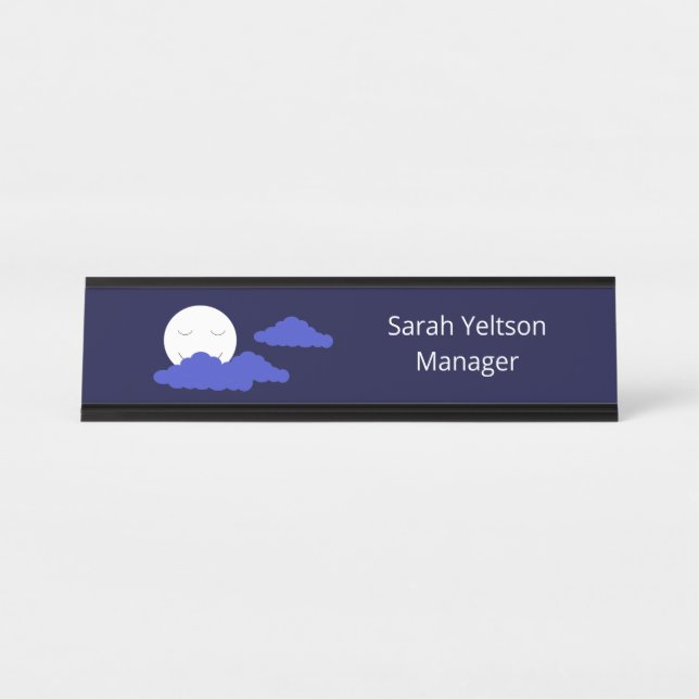 Placa De Nombre Luna llena sonriente con nubes: azul oscuro (Anverso)