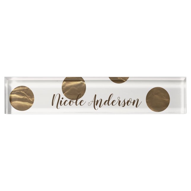 Placa De Nombre Lunares de brillo falso de bronce modernos chic tr (Anverso)