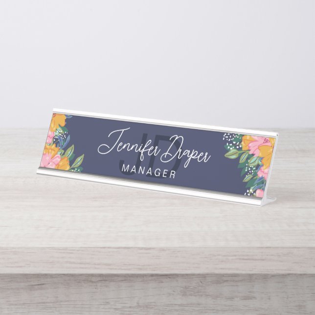Placa De Nombre Lush Pink Yellow Flowers Name & Initials (Anverso)